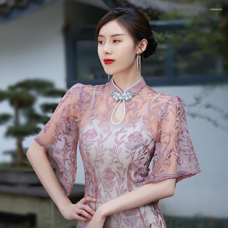 Этническая одежда Simeizi Hanfu улучшенная розовая вышитая Qipao для женщин 2023 Летнее китайское стиль Cheongsam Женское платье