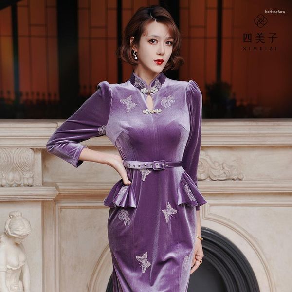 Vêtements ethniques Simeizi Hanfu Purple Diamond Taist Dignified Robe 2023 Early Automn Velvet Mid-Let-Sheeve rétro Thin Cheongsam