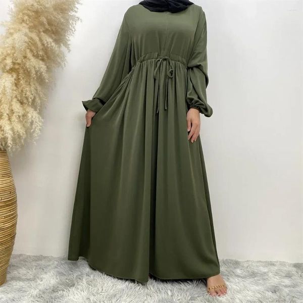 Vêtements ethniques Simple Abaya Zipper Ceinture Robe musulmane Turquie Ramadan Eid Islam Vêtements Manches élastiques Abayas pour femmes Dubaï Kaftan Hijab