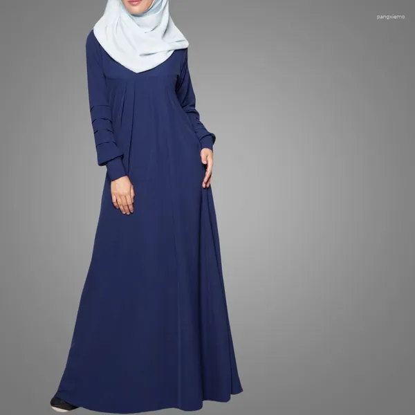 Ropa étnica Simple Azul Abaya O Collar Vestido musulmán Malasia Kebaya Maxi Islámico con mangas largas