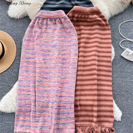 Vêtements ethniques Singreiny doux rayé glands jupe en tricot femmes automne mode de base style coréen doux taille élastique moulante mince fendu 231212