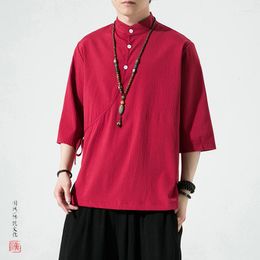 Abbigliamento etnico Sinicismo T-shirt allentata estiva da uomo Abito in seta di ghiaccio Tang Hanfu Colletto rialzato retrò Abiti Zen Harajuku Top