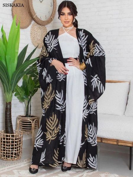 Vêtements ethniques Sisakia Abayas pour femmes Dubaï 2024 Maille noire brodée avant ouverte Abaya et gilet blanc à col licou 2 pièces ensemble musulman