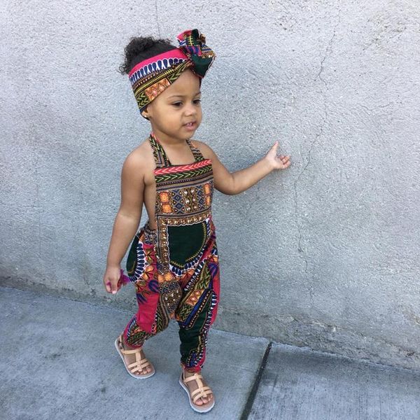 Ropa étnica Siskakia African Child Girls Monos estampados con diadema Halter Backless Jumpsuit Kids Romper Moda Trajes de verano