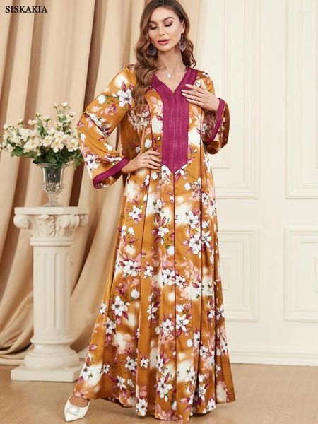 Vêtements ethniques Sisakia Chic Floral Longue Robe Pour Femmes Arabe Musulman Lâche Casual Été Abaya 2023 Bande Garniture Marocaine Dubaï Jalabiya