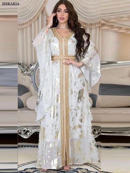 Vêtements ethniques Siskakia Mode Musulman Mousseline de Soie Or Estampage Abaya Robe Pour Femmes Dentelle Bande Garniture Col En V Manches À Volants Marocain Jalabiya