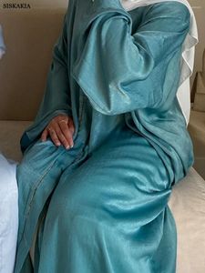 Vêtements ethniques Siskakia Mode Satin Garni Cardigan Robe Dubaï Turc Femmes Party Ceinture Kimono Abayas Marocain Saoudien Kaftan Musulman Eid