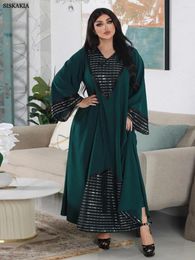 Vêtements ethniques Sisakia Mode Paillettes Noir Mesh Patchwork Dubaï Abaya Élégant Casual Manches Longues Col V Longue Robe Femmes Musulmanes