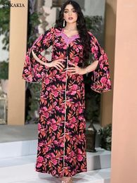 Etnische kleding Siskakia Marokkaanse Jalabiya Moslimmode Print Abaya-jurken Gekleurde strass-tape-versiering Licht Luxe Retro-gewaad Dubai