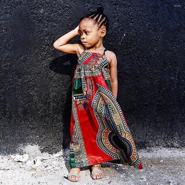 Vêtements Ethniques Siskakia Summer Girls Africa Print Off-shoulder Long Dress Halter Backless Maxi Robes Avec Bow Casual Outfit Rouge Pour Enfants