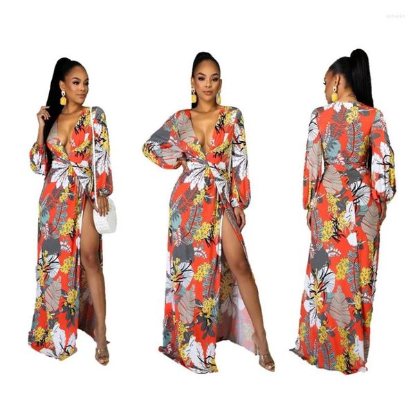 Vêtements ethniques Jupe Été Impression Split Longue Européenne Américaine Plus Taille Manches Robe Florale Robes Imprimées Africaines