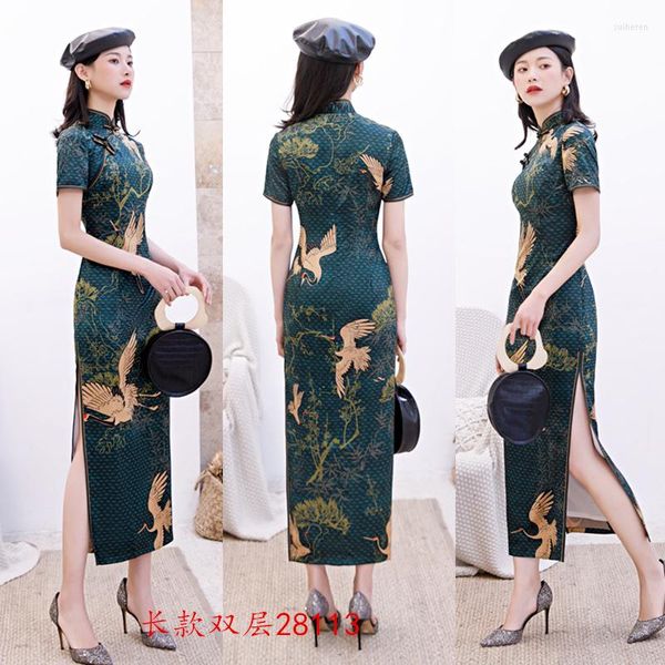 Ropa étnica Slim Oversize 3XL Estilo chino Fiesta Vestido de fiesta Satén Mandarin Collar Largo Qipao Sexy Estampado Flor Cheongsam Vestidos