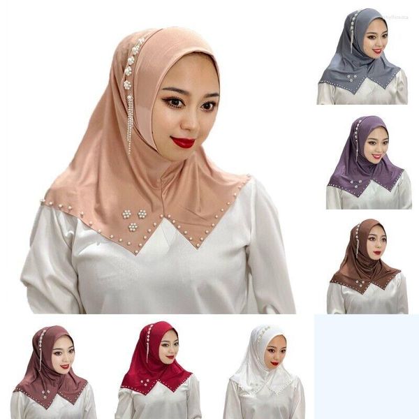 Vêtements ethniques Couleur unie Perlé One Piece Amira Hijab Chapeaux Mode Femmes Musulmanes Turban Châles Chapeaux Porter Directement Partie Foulard Cap