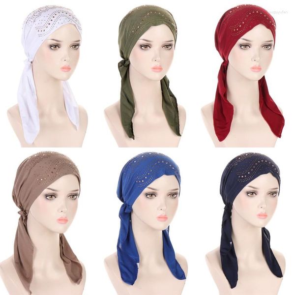 Ropa étnica color sólido hijab gorras internos para mujeres diamantes de imitación musulmana pérdida de cabello gorro de bufandas africanas