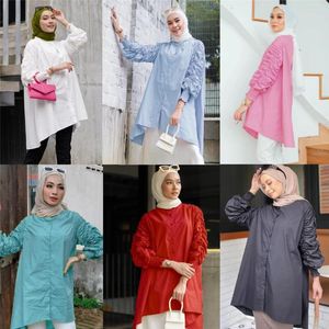 Etnische kleding effen kleur moslim tops dames blouse met lange mouwen Maleisië geplooid traditioneel los overhemd Arabische islam femme casual kiel