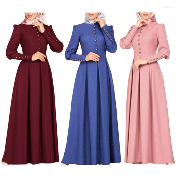 Vêtements ethniques couleur unie femme musulmane Abaya Dubai robe mince grande balançoire manches longues col rond boutons Vintage robes voilées formelles