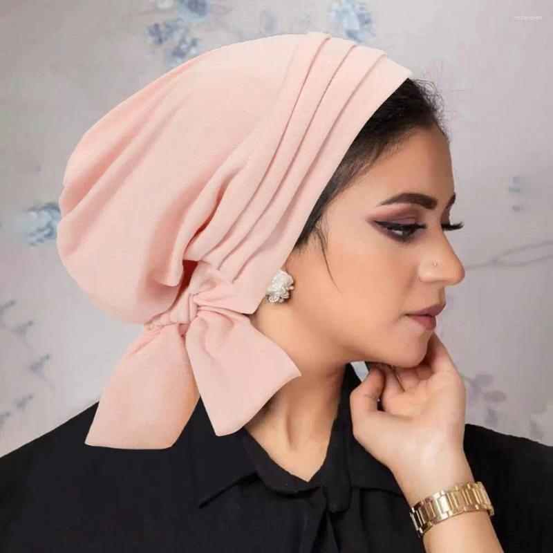 Ethnic Clothing Solid Color Muslim Women Hijab Bonnet Pre-Tied Ruffle Turban Chemo Cap Hair Loss Hat Mujer Islamic Cancer Headwear Scarf