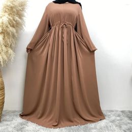 Vêtements ethniques Couleurs solides Manchons à la fermeture à glissière frontale pour femmes O-cou simple cordon de crampe Dress Abaya Dubaï Musulmane des femmes