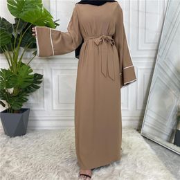 Ropa étnica Color sólido con cinturón Vestido musulmán Mujeres turcas Dubai Islam Sets Eid Abaya para la oración Cothing Fashion Casual