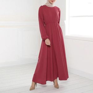 Ropa étnica Vestidos maxi sólidos para mujeres Manga completa Cuello redondo Casual Musulmán Túnica larga Modest Femme Swing Dress 2023 Primavera Último diario