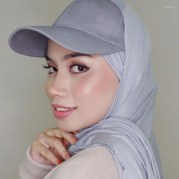 Vêtements ethniques Hijab instantané 2 en 1 pour femmes musulmanes sportives en jersey écharpe châle avec casquette de baseball tout en un 180 x 80 cm uni été prêt à