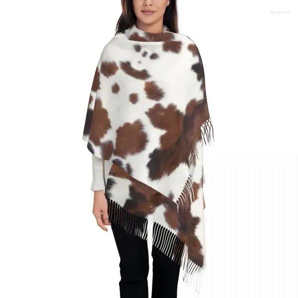 Vêtements ethniques Spotted Brown Farm Animal Skin Tassel Écharpe Femmes Soft Cowhide Cuir Texture Châles Wraps Lady Foulards d'hiver