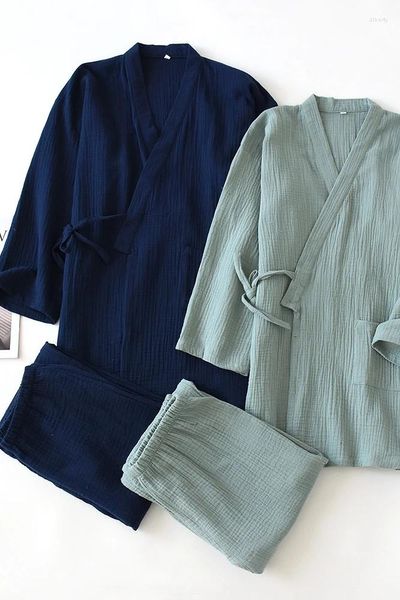 Ropa étnica Primavera y otoño Pijamas para hombres Lavado de algodón puro Traje de casa Crepe completo Japonés Kimono de talla grande Mejorado Hanfu