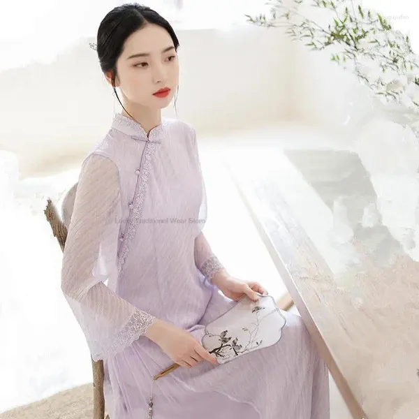 Ropa étnica Primavera Estilo chino Tradicional Qiapao Retro Mujeres Mejorado Cheongsam Elegante Stand Up Collar Púrpura Vintage Ao Dai Vestido