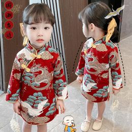 Etnische Kleding Lente Chinese Traditionele Borduurwerk Cheongsam Voor Meisjes Tang Pak Jaar Baby Jurk Kinderen Rode Draak Print Leuke Qipao