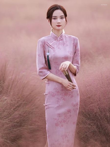 Ropa étnica Primavera Elegancia Vestido asiático Cheongsam rosa Mujeres Estilo chino delgado Moda vintage Moderna Mejorar chicas jóvenes Qipao
