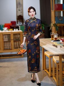 Etnische Kleding Lente Elegante Zeven Punten Mouw Gedrukt Satijn Lange Qipao Mandarijn Kraag Cheongsam Chinese Vrouwen Jurk