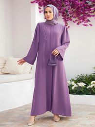 Ropa étnica Primavera Vacaciones Islámico Marocan Caftan Elegante Botón de manga larga Musulmán Sundress Mujeres Casual O Cuello Dubai Turquía Vestido