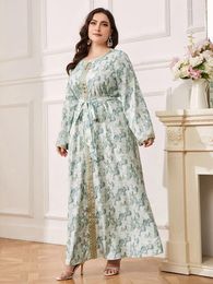 Vêtements ethniques Printemps Feuille Imprimer Eid Robe de fête musulmane pour les femmes Jalabiya Abaya Ramadan Robes longues Abayas Femme Lace-up Caftan Robes