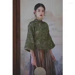 Ropa étnica Primavera Original Tradicional Chino Hanfu Tops Mujeres Elegante Verde Floral Bordado Oblicuo Placket Abotonado Qipao Slim