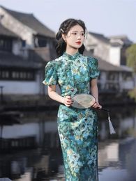 Vêtements ethniques Spring / Summer Bubble Silk Double Ecoured Silk Like Imprimé Mid Longle Qipao High End Exquis Slim Fit Cheongsam