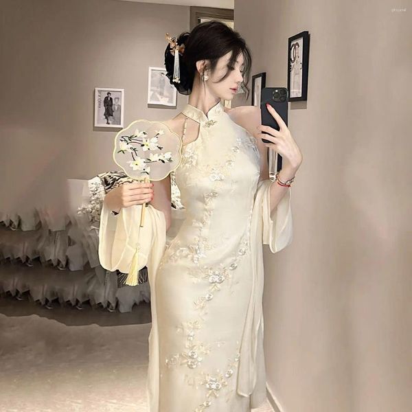 Vêtements ethniques Spring / été broderie de style chinois moderne amélioré Sexy Qipao Dress Cardigan Two Piece Set Long Robes Evening