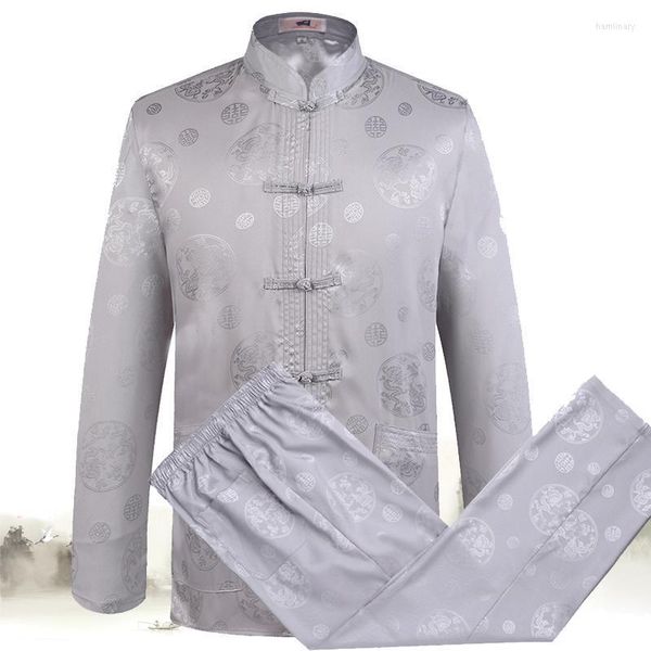 Ropa étnica Primavera Verano hombre manga larga bordado seda satén Tang traje hombres Tai Chi Wushu uniformes artes marciales