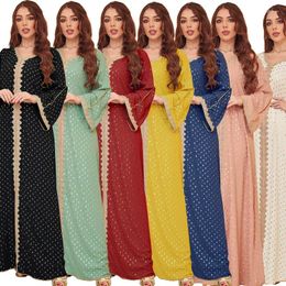 Vêtements ethniques Printemps Été Marocain Kaftan Femmes Musulmanes Robe À Manches Longues Lâche Col En V Timbre D'or Dubaï Robe Abayas Tenues Modestes 2023