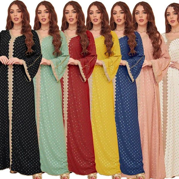 Ropa étnica Primavera Verano Marroquí Kaftan Musulmán Mujeres Vestido Manga larga Suelta V Cuello Sello de oro Dubai Robe Abayas Trajes modestos 2023