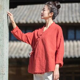 Ethnische Kleidung Frühling Sommer Retro Hemden Ramie V-Ausschnitt Platte Schnalle Chinesischen Stil Top Damen Leinen Hanfu Traditionell