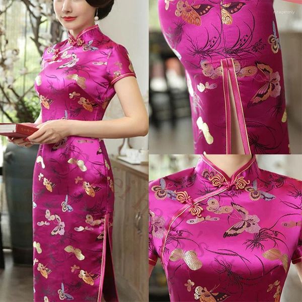 Vêtements ethniques printemps été satin qipao rose papillon imprimé cheongsams femmes élégant robe longue robe chinoise robes vestidos sexy