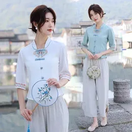 Etnische kleding lente zomer vintage zen pak hanfu katoen linnen Chinees stand kraag blouse dame sierlijke dagelijkse top