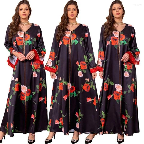 Vêtements ethniques Printemps Vintage Floral Imprimer Robes longues Femmes marocaines Mode musulmane Diamants Robe à col en V Eid Mubarak Modeste