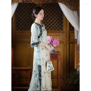 Etnische kleding lente vintage losse qipao casual dames cheongsam folkstijl pringting bloem Chinese jurk traditioneel blauw elegant feest