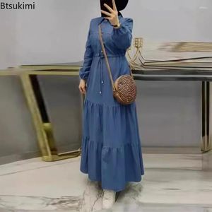 Vêtements ethniques Spring Femme Elegant Denim Dress Patchwork Blue Long pour femmes Muslim Abaya Vintage Street Style Ladies Robe