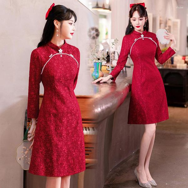 Vêtements ethniques Performance sur scène Moderne Amélioré Cheongsam Automne Manches longues Chinois Traditionnel Rouge Qipao Robe Femme CNY