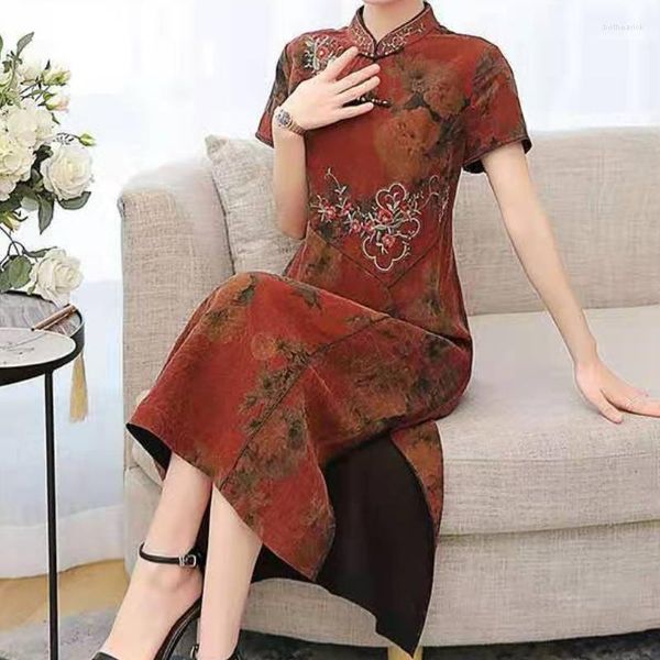 Vêtements ethniques col montant femme robe traditionnelle chinoise manches courtes longue Qipao imprimé fleur Cheongsam soie été côté fendu