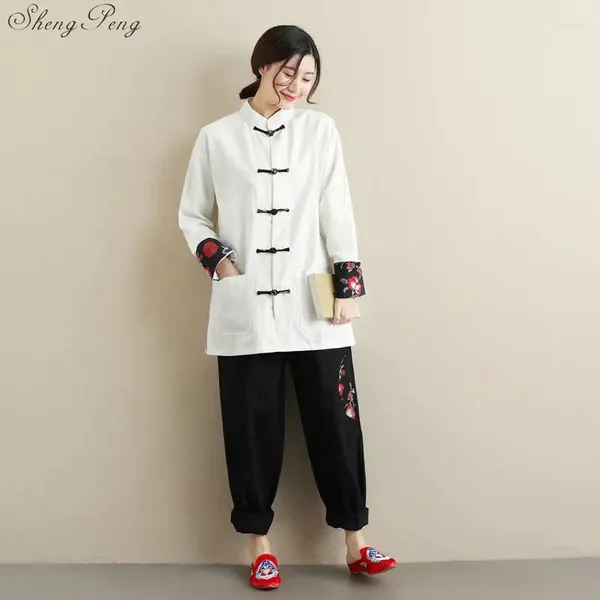 Collar de ropa étnica Mujeres BLOUNTA CHINA CHINA 2024 Fashion Spring Top Cheongsam Lino V907