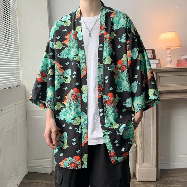 Vêtements ethniques Streetwear Hommes d'été Kimono Veste imprimée 2023 Coupe-vent à la mode Cardigan Plus Taille Manteau d'écran solaire