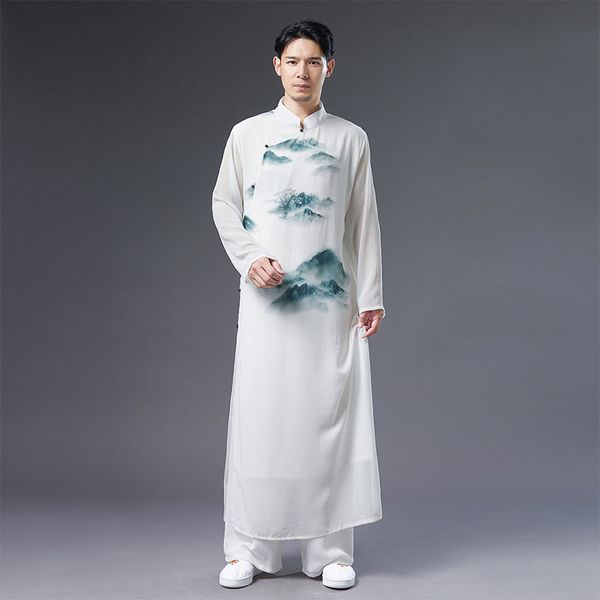 Vêtements ethniques Streetwear Tang Costume coton robe en lin Hommes col montant Robe longue Homme blanc Hanfu Vêtements de style chinois costume vintage